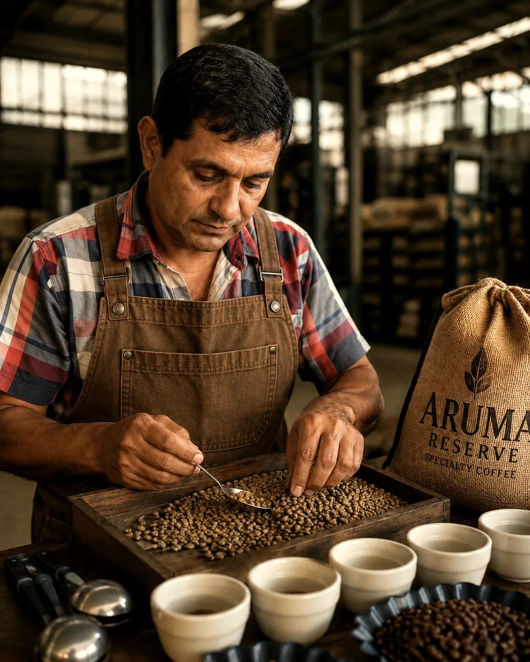 Bayron Aranda, co-founder of Aruma Reserve, hand-sorting green coffee at the cupping table in Colombia
