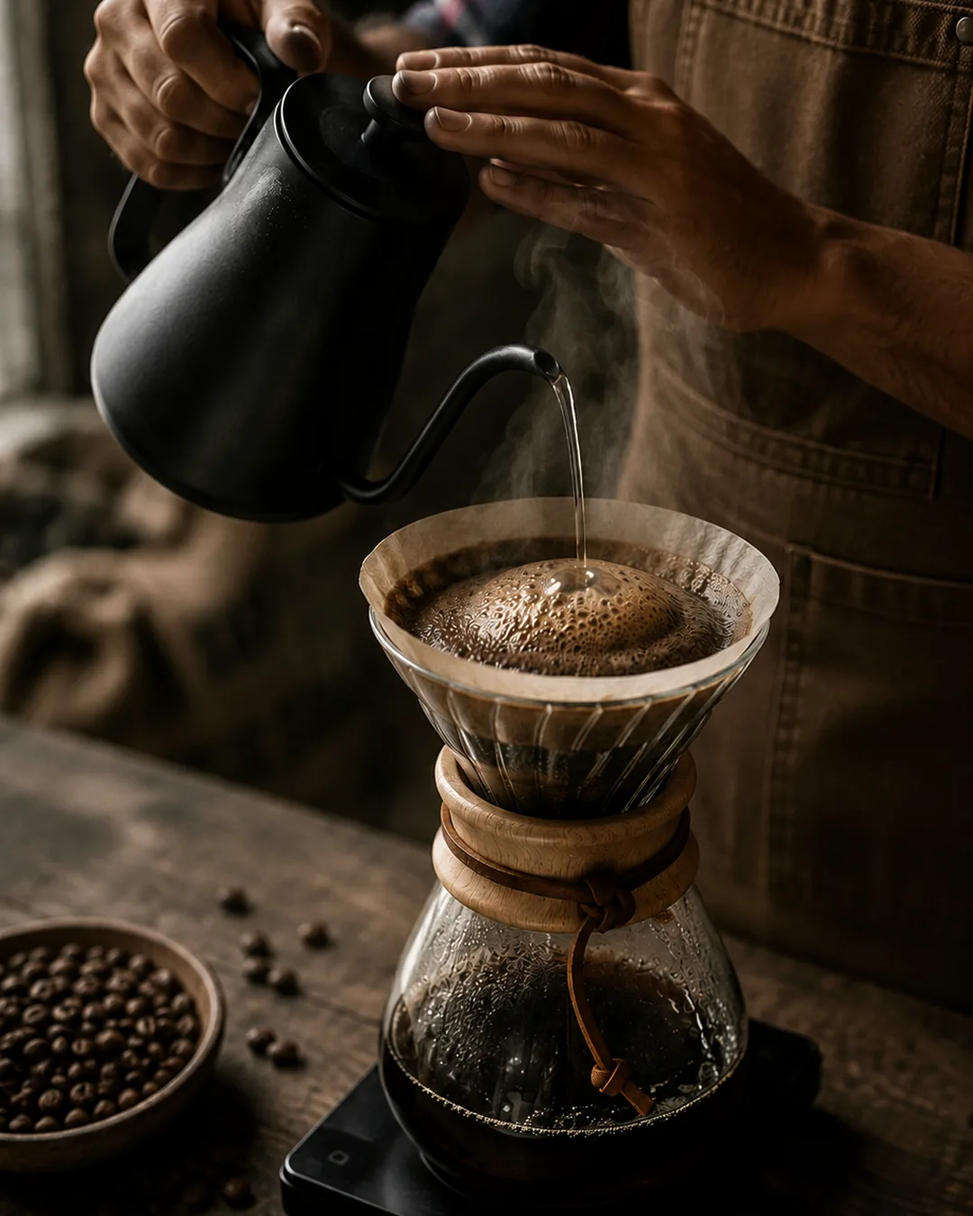Pour-over brewing an Aruma Reserve single-origin coffee, water blooming the fresh grounds in a Chemex